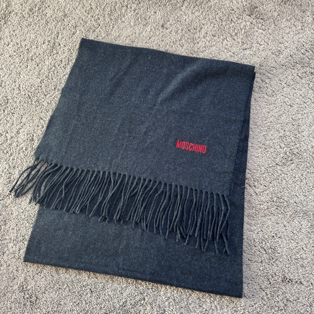 Moschino Wool Navy Scarf with Red Logo